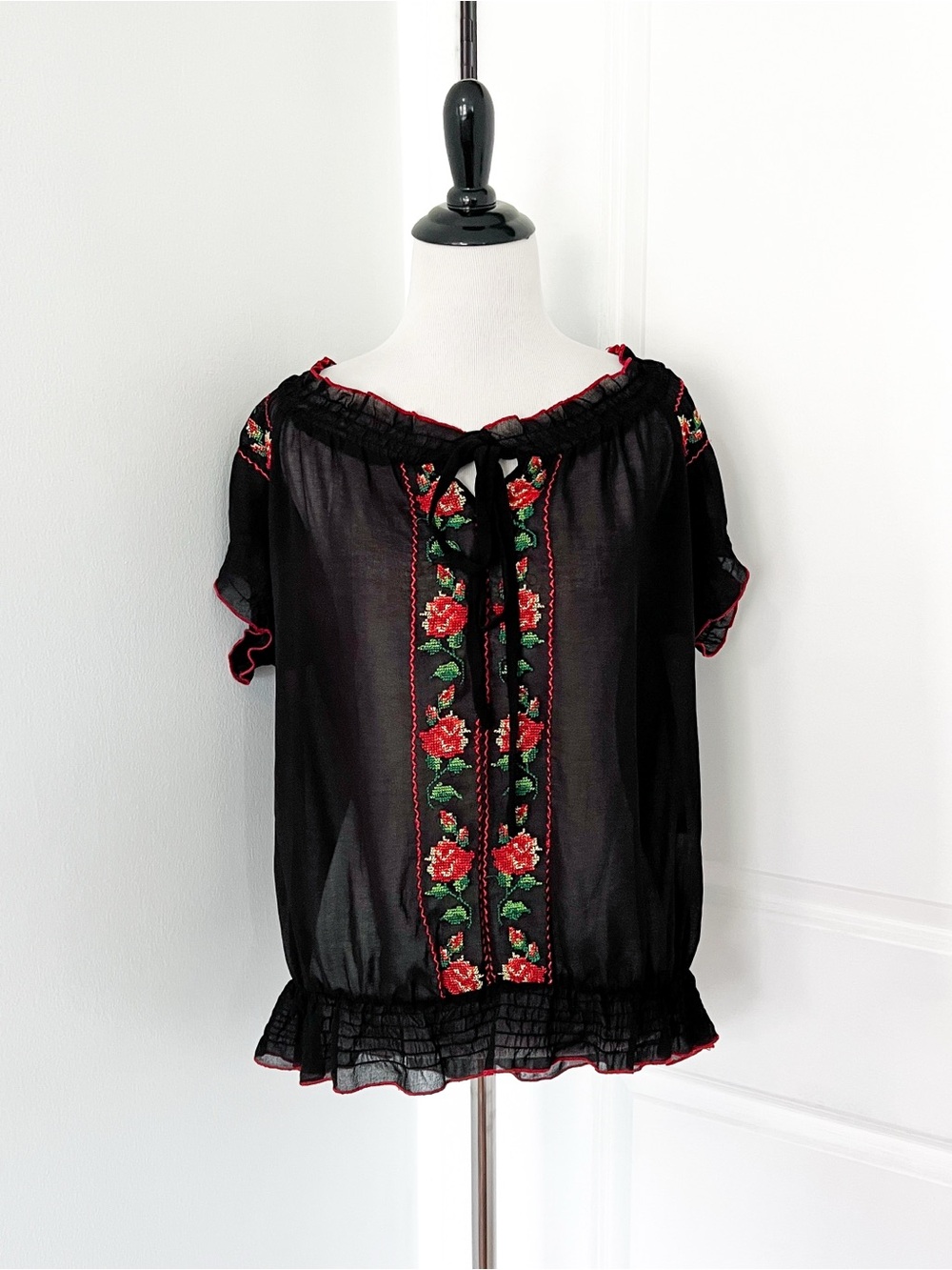 avocado Black Sheer Peasant Blouse with Red Rose Cross Stitch Embroidery - SZ 10